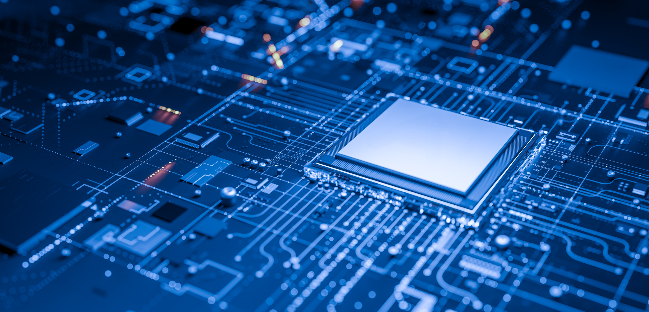 Computer chip mockup on blue circuit board with electronic components, microprocessor, technology background, close-up, high-tech integrated circuits, digital, futuristic, ai hardware