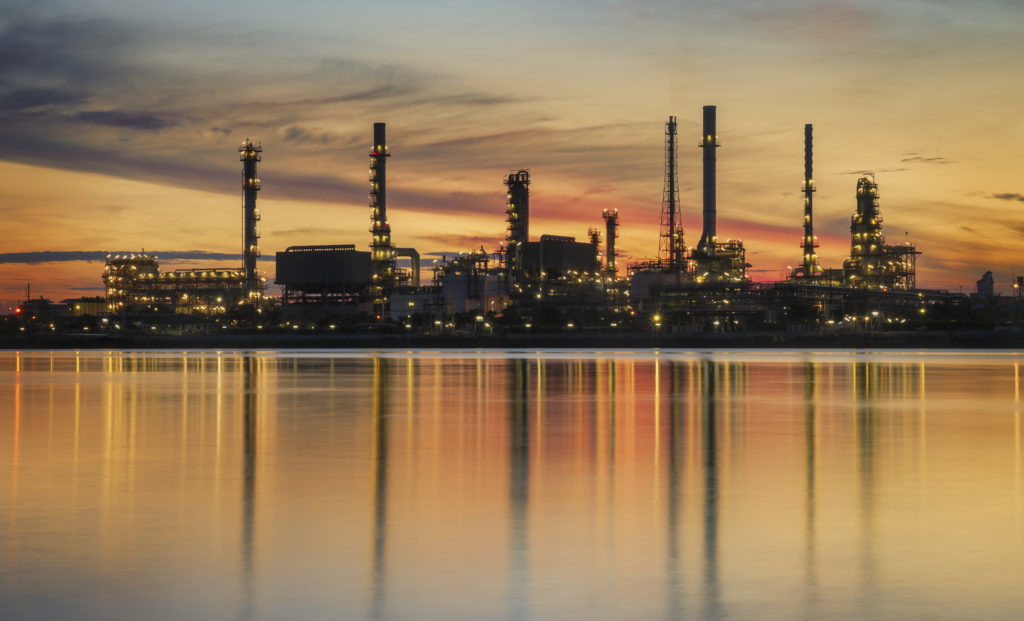 petrochemical facility at dusk