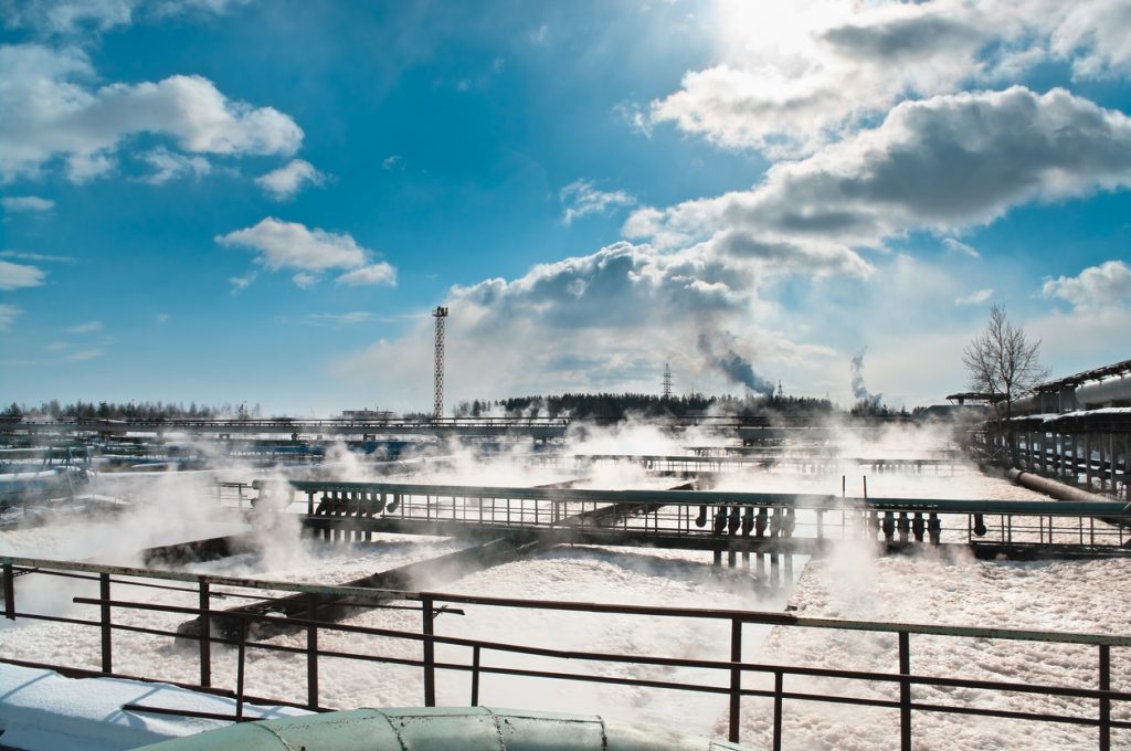 steam rising from treatment ponds